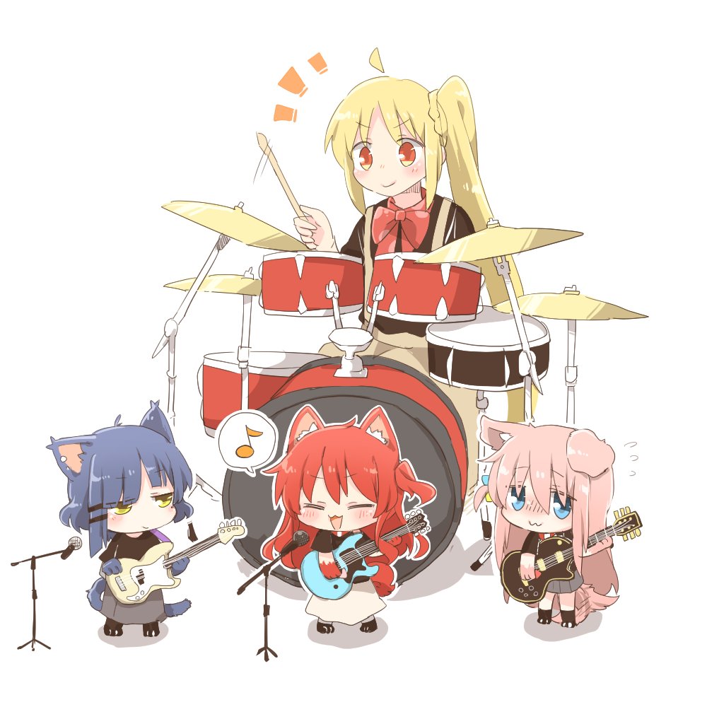 4girls :3 :d ^_^ ahoge animal_ear_fluff animal_ears animal_hands asymmetrical_hair band bangs bass_guitar black_shirt blonde_hair blue_eyes blue_hair blush bocchi_the_rock! bow bowtie braid brown_pants cat_ears cat_girl cat_tail closed_eyes closed_mouth commentary_request cube_hair_ornament cymbals dark_blue_hair dog_ears dog_girl dog_tail drum drum_set drumsticks electric_guitar fender_precision_bass flying_sweatdrops gibson_les_paul gotou_hitori grey_skirt guitar hair_between_eyes hair_ornament hairclip hand_up holding holding_drumsticks holding_instrument ijichi_nijika instrument jitome kita_ikuyo long_hair looking_at_another microphone microphone_stand mole mole_under_eye multiple_girls music musical_note notice_lines one_side_up open_mouth pants pink_hair playing_instrument pleated_skirt ponytail rebecca_(keinelove) red_bow red_bowtie red_eyes redhead shirt short_hair short_sleeves side_ponytail sidelocks simple_background sitting skirt smile speech_bubble spoken_musical_note standing suspenders t-shirt tail v-shaped_eyebrows very_long_hair white_background white_skirt yamada_ryou yellow_eyes