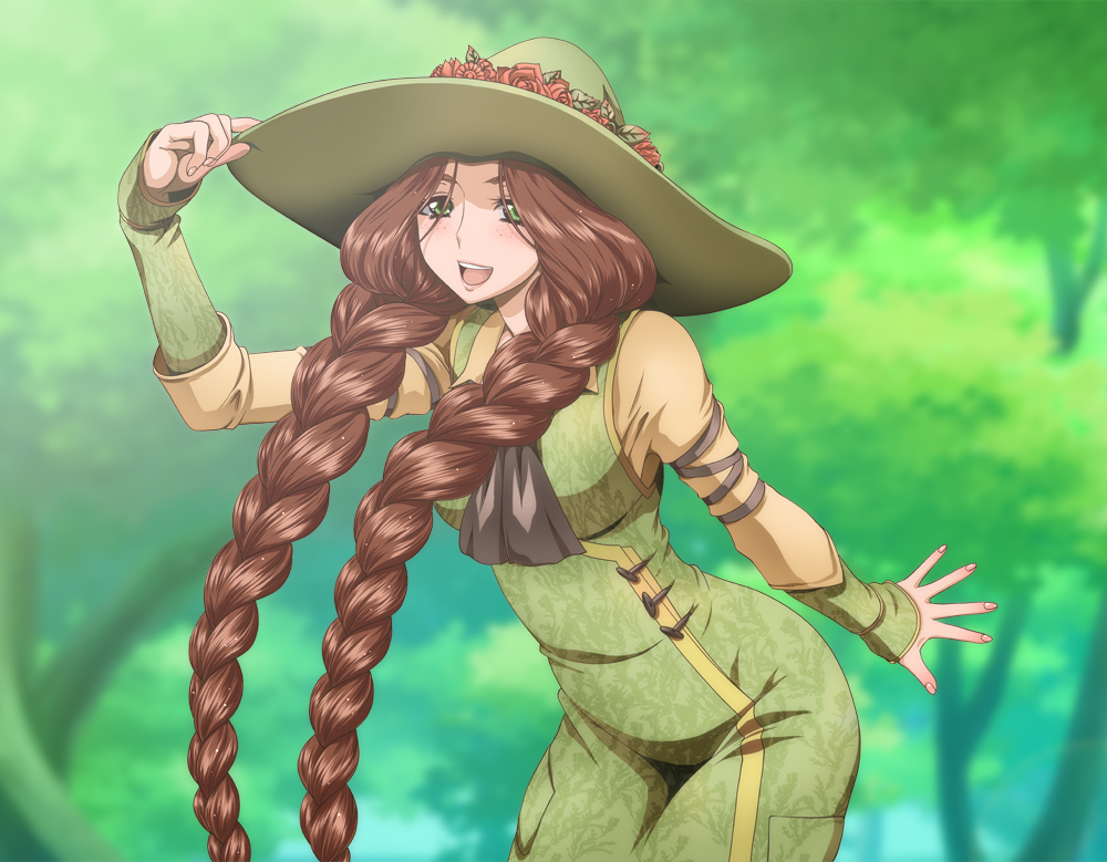 1girl braid brown_hair commentary_request flower freckles green_eyes hand_on_headwear harry_potter_(series) hat hat_flower hogwarts_legacy kaname_aomame long_hair long_sleeves looking_at_viewer mirabel_garlick open_mouth overalls smile solo tree twin_braids twintails upper_body