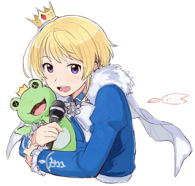 1boy blonde_hair blue_jacket cape crown fur-trimmed_cape fur_trim harukawa_(aonori1022) holding holding_microphone idolmaster idolmaster_side-m jacket kaerre long_sleeves looking_at_viewer male_focus microphone mini_crown open_mouth pierre_bichelberger smile solo stuffed_animal stuffed_frog stuffed_toy violet_eyes white_background white_cape