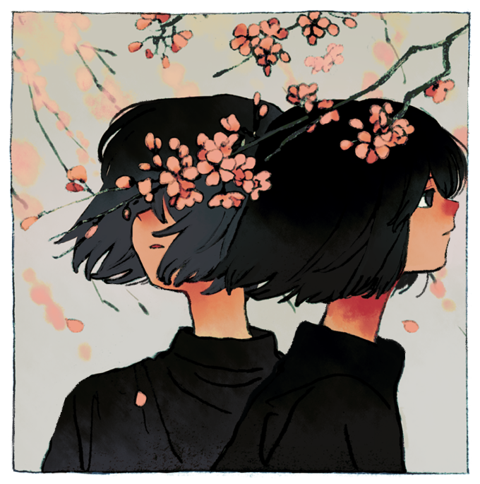 2girls bangs black_eyes black_hair black_shirt bob_cut border branch cherry_blossoms closed_mouth covered_eyes flower from_side ka_(marukogedago) matching_hairstyle matching_outfit multiple_girls original outdoors parted_lips petals pink_flower profile shirt short_hair spring_(season) turtleneck upper_body white_border wind