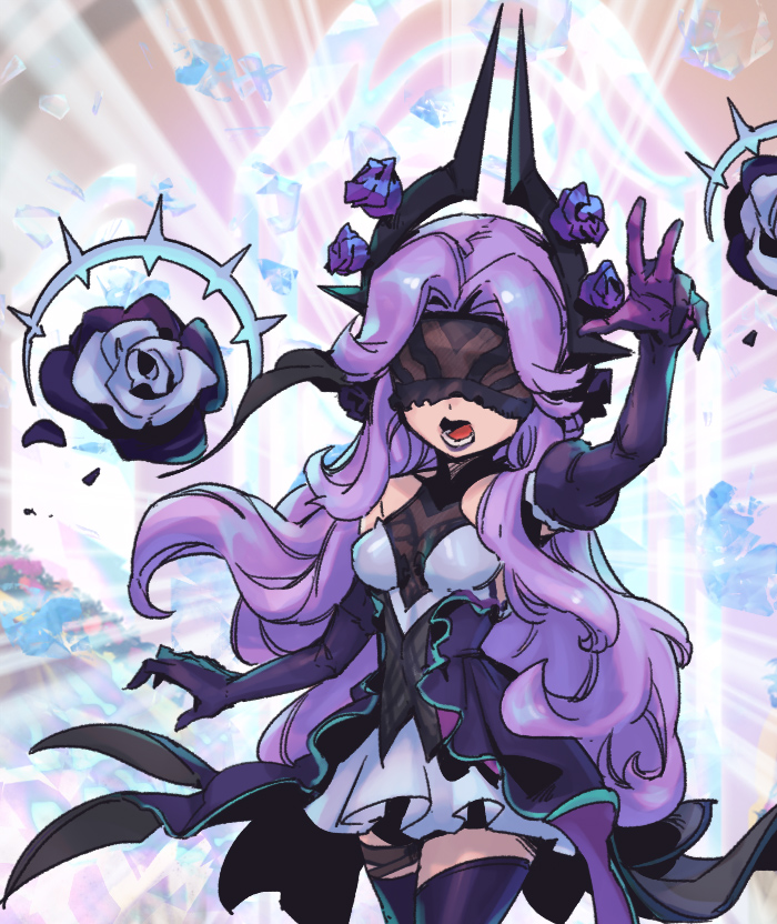 1girl arm_up bangs bare_shoulders black_dress blindfold breasts commentary cowboy_shot dress elbow_gloves flower gloves horns league_of_legends long_hair lower_teeth_only multicolored_background multicolored_clothes multicolored_dress open_mouth phantom_ix_row pink_hair purple_flower purple_gloves small_breasts solo symbol-only_commentary syndra teeth thigh-highs tongue white_dress withered_rose_syndra