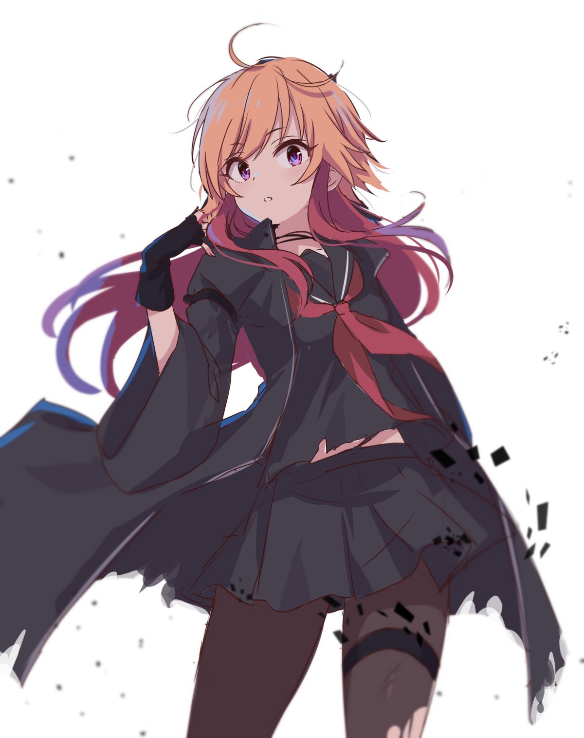 1girl 2_nostg arm_strap bangs black_coat black_gloves black_pantyhose black_serafuku black_shirt black_skirt coat fingerless_gloves gloves hand_up highres idolmaster idolmaster_cinderella_girls light_brown_hair long_hair long_sleeves looking_at_viewer multicolored_hair neckerchief ninomiya_asuka open_clothes open_coat pantyhose parted_lips red_neckerchief redhead school_uniform serafuku shirt sidelocks skirt solo thighs torn_clothes torn_coat torn_pantyhose two-tone_hair violet_eyes white_background wind