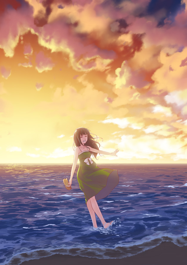 1girl bangs barefoot beach bow closed_eyes dress dress_bow flip-flops green_dress grin holding holding_clothes holding_footwear juu_ho long_hair original sandals shore smile solo splashing sunset wading water white_bow