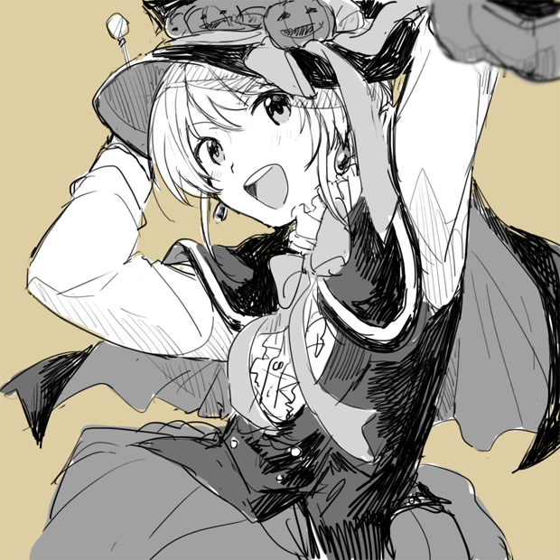 1boy brown_background cape formal greyscale_with_colored_background harukawa_(aonori1022) hat idol_clothes idolmaster idolmaster_side-m jacket long_sleeves looking_at_viewer male_focus open_mouth pierre_bichelberger shirt short_hair smile solo top_hat
