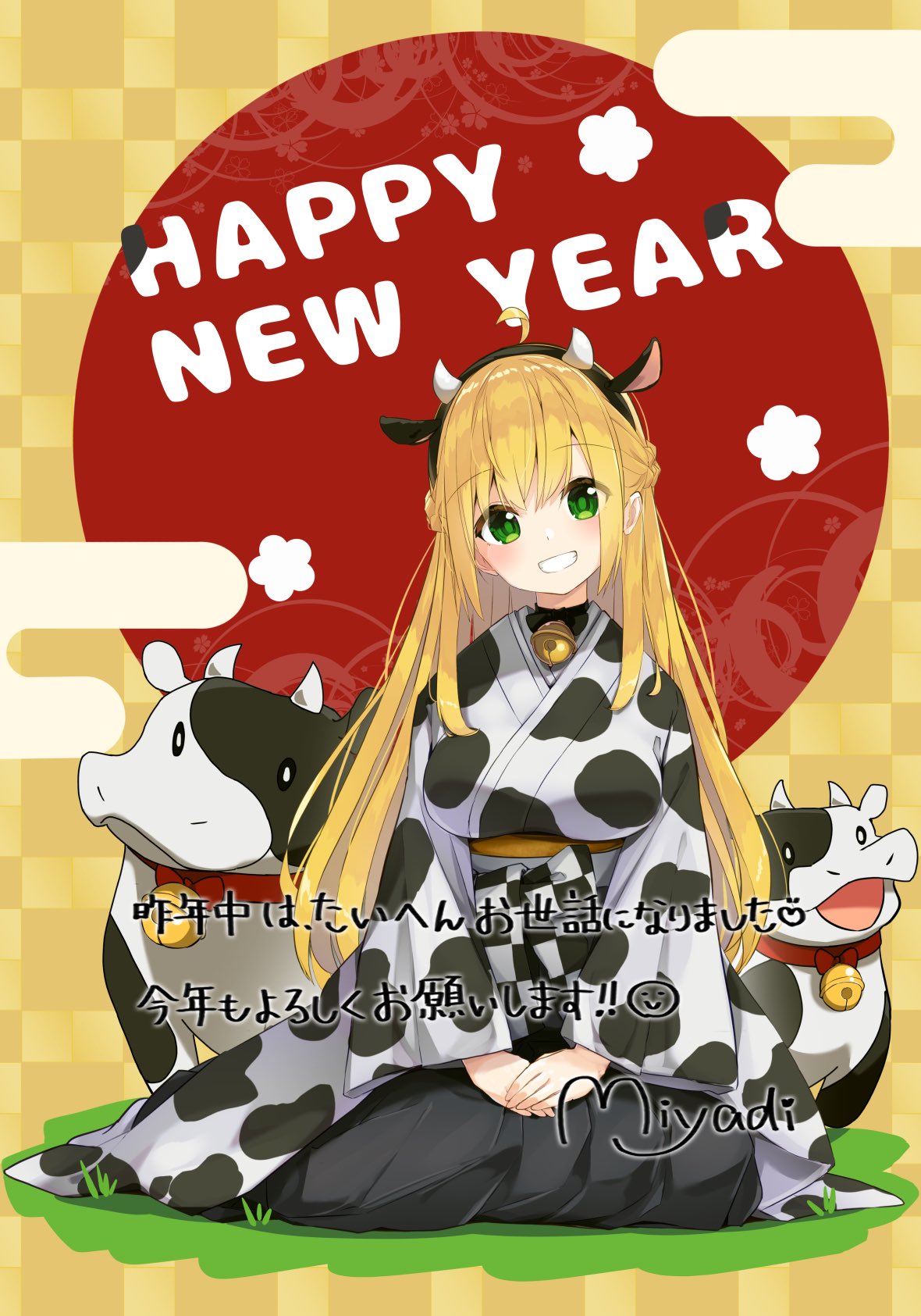 1girl ahoge animal_collar animal_ears animal_print bell black_hairband blonde_hair braid breasts character_signature chinese_zodiac collar cow cow_ears cow_horns cow_print crown_braid fake_animal_ears green_eyes grin hair_between_eyes hairband happy_new_year highres horns indie_virtual_youtuber japanese_clothes kimono large_breasts long_hair looking_at_viewer miyadi_(youtuber) neck_bell new_year obi own_hands_together rb2 sash sitting smile solo virtual_youtuber yellow_background yokozuwari