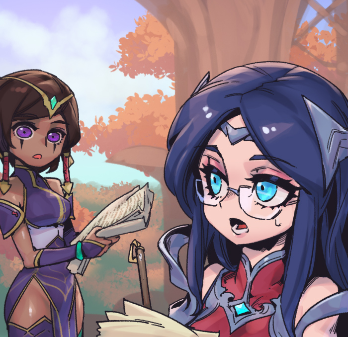 2girls bangs bare_shoulders bespectacled brown_hair clouds dark-skinned_female dark_skin day dress gem glasses irelia karma_(league_of_legends) league_of_legends long_hair lower_teeth_only multiple_girls open_mouth outdoors parted_hair phantom_ix_row purple_dress purple_hair purple_thighhighs shiny_skin short_hair teeth thigh-highs tree violet_eyes