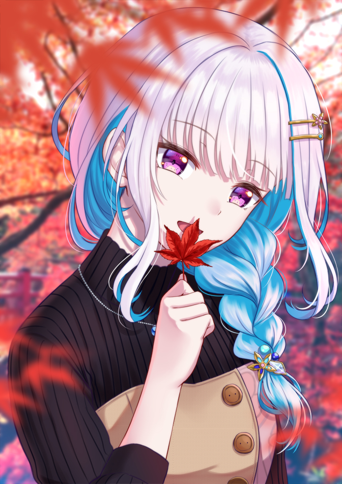 autumn_leaves bangs black_sweater blue_hair blunt_bangs braid bridge colored_inner_hair floral_print hair_ornament hairclip holding holding_leaf jewelry leaf lize_helesta maple_leaf maple_tree mizunashi_hayate multicolored_hair necklace nijisanji official_alternate_costume official_alternate_hairstyle pendant ribbed_sweater sidelocks smile solo sweater tree turtleneck turtleneck_sweater upper_body violet_eyes virtual_youtuber white_hair