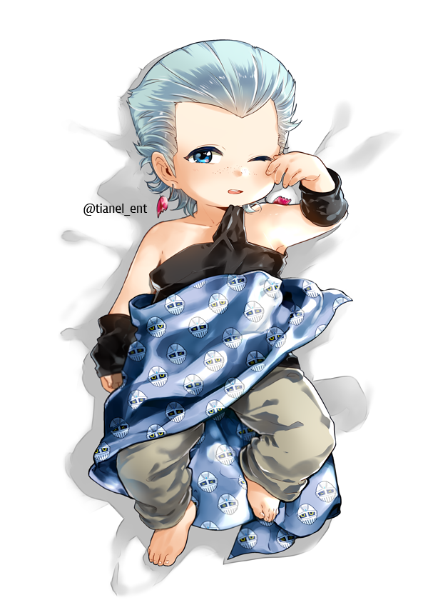 1boy aged_down barefoot blanket blue_eyes character_print child commentary_request dakimakura_(medium) earrings full_body grey_hair jean_pierre_polnareff jewelry jojo_no_kimyou_na_bouken male_child male_focus no_eyebrows one_eye_closed rubbing_eyes silver_chariot solo stardust_crusaders tianel_ent twitter_username