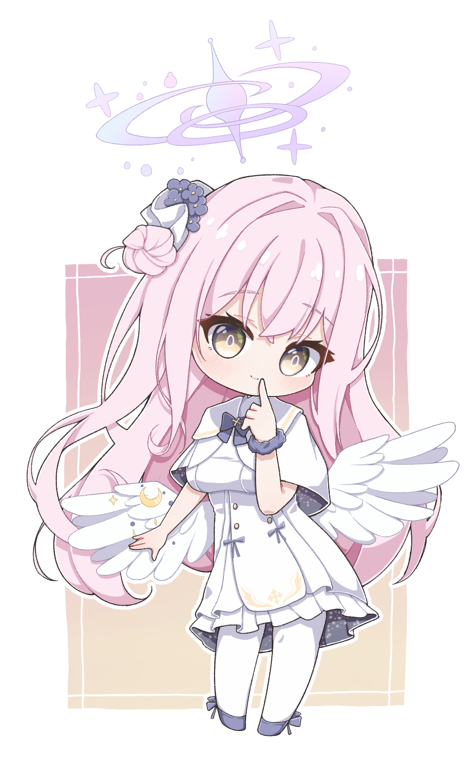angel_wings blue_archive capelet chibi dress dspring426 feathered_wings flower gun hair_bun hair_flower hair_ornament halo highres lanchester_smg low_wings mika_(blue_archive) open_mouth pink_hair single_side_bun smile submachine_gun weapon white_capelet white_dress white_wings wing_ornament wings
