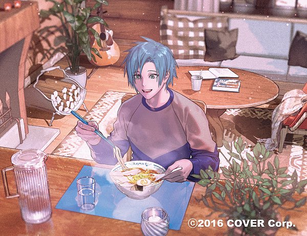 1boy :d acoustic_guitar aqua_eyes bangs blue_hair blue_shirt book bowl candle carpet chair chopsticks coffee_table copyright couch cup curtains cushion drinking_glass eating egg_(food) fireplace firewood food grey_shirt guitar holding holding_chopsticks holding_spoon holostars holostars_english indoors instrument jug_(bottle) kurahana_chinatsu light_particles long_sleeves looking_at_food male_focus noodles official_art open_book parted_bangs placemat plant potted_plant ramen regis_altare shirt smile solo spoon table teeth two-tone_shirt upper_body upper_teeth_only virtual_youtuber water window wooden_floor wooden_table