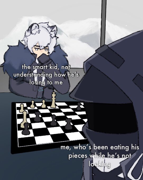 1boy 1other ambiguous_gender animal_ears arknights black_coat black_jacket black_necktie board_game chess chess_piece chessboard coat collared_shirt commentary doctor_(arknights) english_commentary fur-trimmed_coat fur_trim grey_eyes hair_between_eyes hand_on_own_face hood hood_up hooded_coat jacket leopard_boy leopard_ears male_focus medium_hair meme mountainous_horizon necktie rhododaktulos shirt silverash_(arknights) window