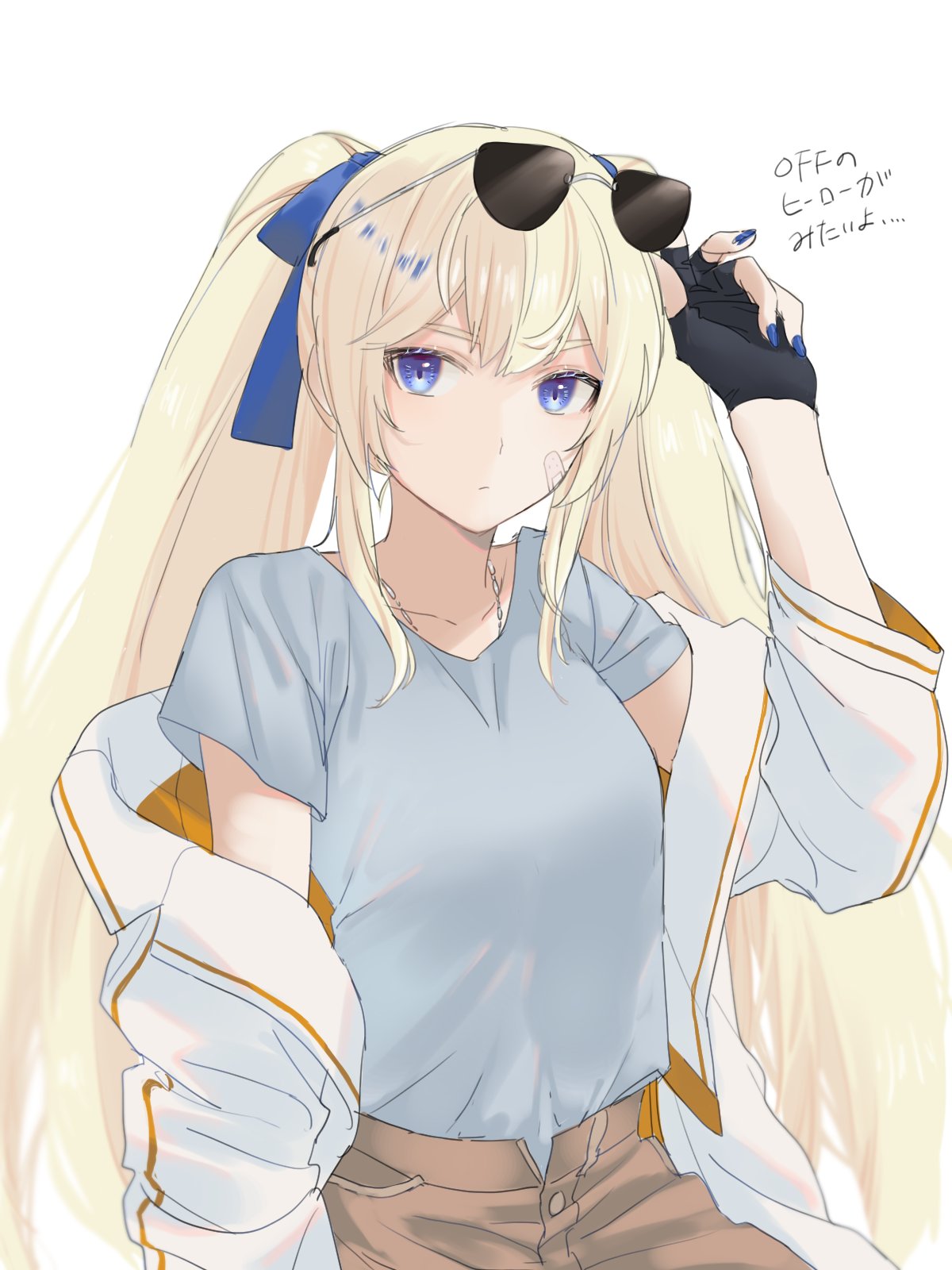 1girl bandaid bandaid_on_cheek bandaid_on_face black_gloves blonde_hair blue_bow blue_eyes blue_nails bow chain_necklace collarbone cowboy_shot eyewear_on_head fingerless_gloves gloves goddess_of_victory:_nikke hair_between_eyes highres jacket jewelry laplace_(nikke) long_hair looking_at_viewer multicolored_clothes multicolored_jacket nail_polish necklace open_fly shirt shorts sidelocks simple_background solo sunglasses twintails two-tone_jacket vx7bj white_background