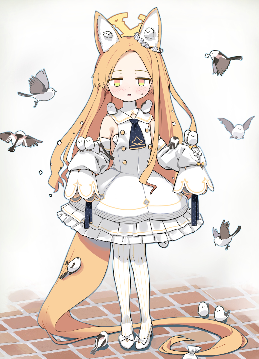 1girl 3678177 animal_ears bangs bird blonde_hair blue_archive blush buttons commentary_request detached_sleeves dress fox_ears fox_girl fox_tail frilled_dress frills full_body hair_ornament halo high_heels highres long_hair long_sleeves looking_at_viewer pantyhose parted_bangs parted_lips school_uniform seia_(blue_archive) sidelocks simple_background sleeves_past_wrists solo_focus standing sweatdrop tail white_dress white_pantyhose wide_sleeves yellow_eyes