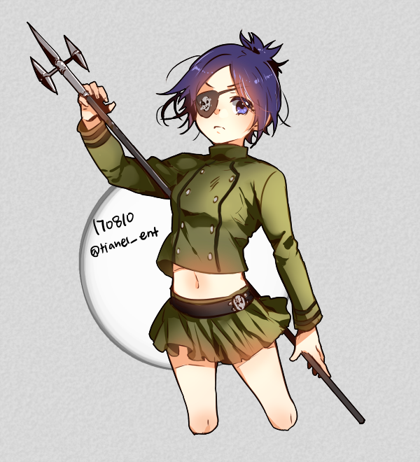 1girl belt breasts chrome_dokuro commentary_request cropped_legs dated eyepatch frown green_jacket green_skirt holding holding_polearm holding_weapon jacket katekyo_hitman_reborn midriff miniskirt navel polearm purple_hair skirt small_breasts solo spear tianel_ent twitter_username v-shaped_eyebrows violet_eyes weapon