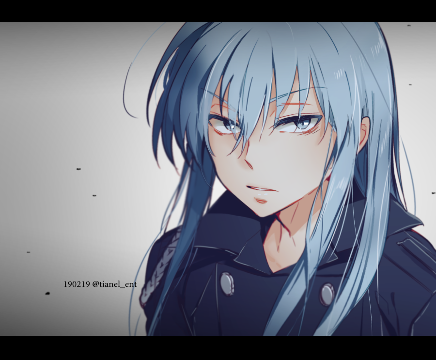 1boy black_jacket commentary_request dated gradient_background grey_eyes grey_hair jacket katekyo_hitman_reborn letterboxed long_hair male_focus portrait solo superbi_squalo tianel_ent twitter_username v-shaped_eyebrows