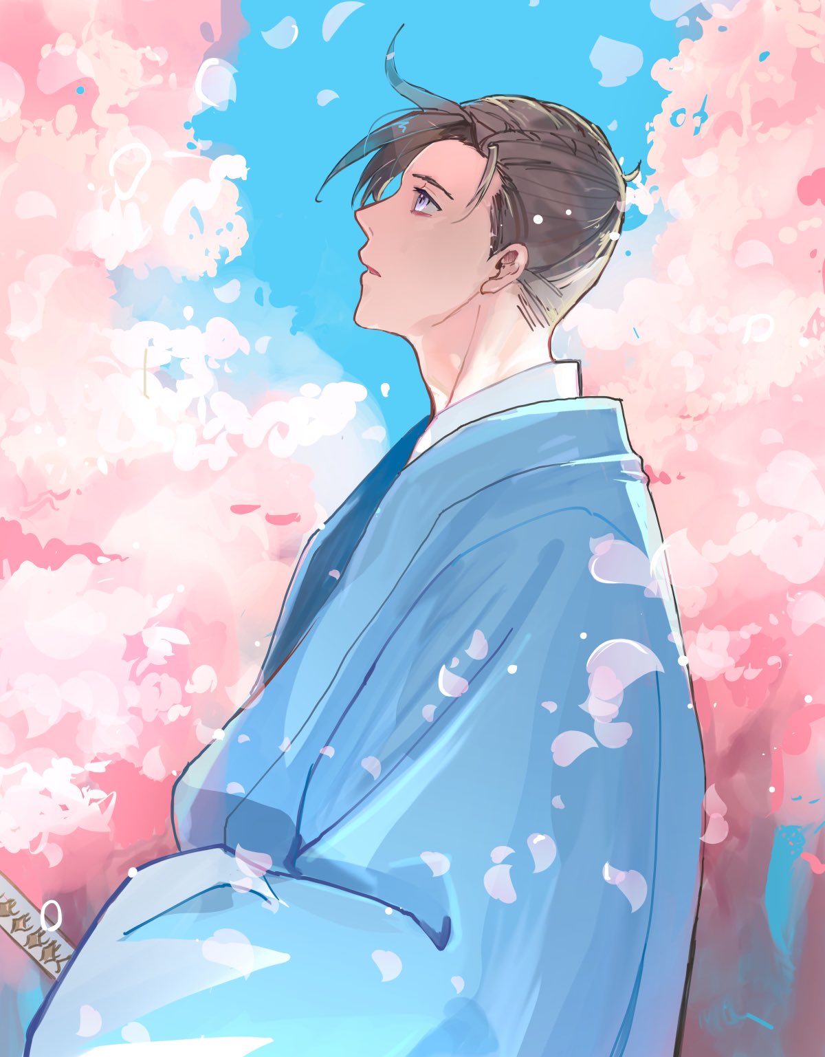 1boy bangs blue_jacket brown_hair cherry_blossoms day falling_petals fate/grand_order fate_(series) flower from_side hair_pulled_back haori highres jacket japanese_clothes katana kimono looking_up male_focus parted_lips petals pink_flower profile shinsengumi short_hair solo sword upper_body violet_eyes weapon white_kimono yamanami_keisuke_(fate) yayayakan