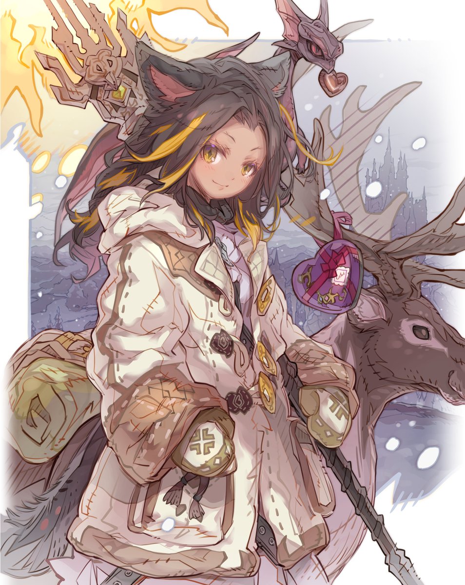 1girl animal animal_ears avatar_(ff14) black_hair blonde_hair box candy cat_ears cat_girl cat_tail chocolate coat commission deer dragon dress final_fantasy final_fantasy_xiv food gift gift_box haku_(sabosoda) heart heart-shaped_box heart-shaped_chocolate highres holding holding_polearm holding_weapon hooded_coat long_sleeves looking_at_viewer medium_hair midgardsormr miqo'te mittens multicolored_hair partially_unbuttoned polearm skeb_commission spear streaked_hair tail two-tone_hair weapon white_coat white_dress yellow_eyes