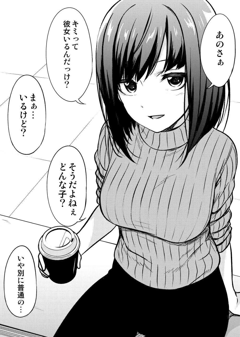 1girl arm_support breasts coffee_cup cup disposable_cup greyscale highres holding holding_cup ikari_manatsu large_breasts monochrome open_mouth original ribbed_sweater sakashita_ichika short_hair sitting smile solo sweater translation_request