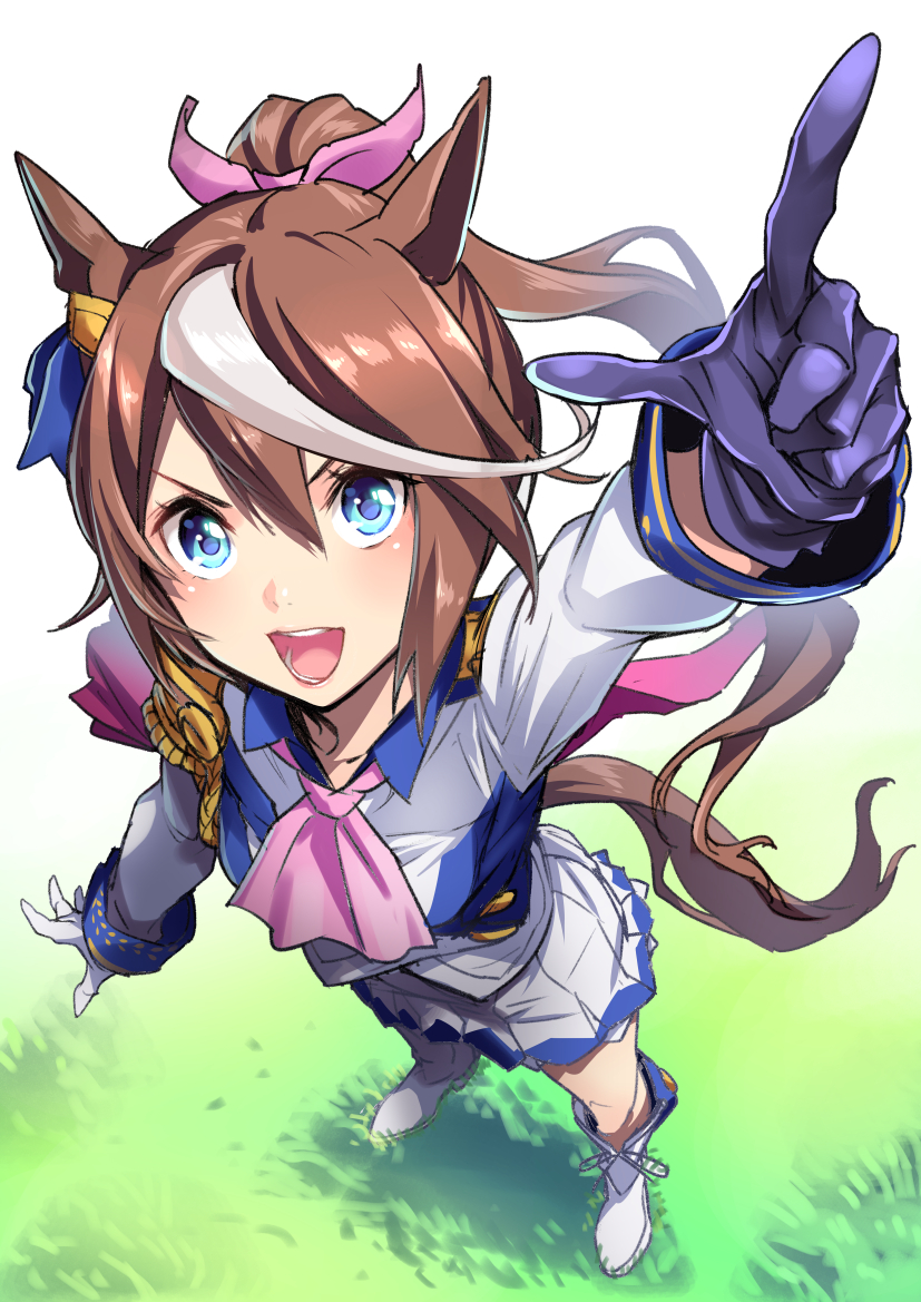 1girl :d animal_ears ascot asymmetrical_gloves black_gloves blue_eyes blue_jacket blue_skirt boots brown_hair buttons commentary double-breasted from_above gloves grass hair_flaps high_ponytail horse_ears horse_girl horse_tail jacket knee_boots long_hair long_sleeves looking_at_viewer looking_up miniskirt mismatched_gloves multicolored_clothes multicolored_hair multicolored_jacket pink_ascot pleated_skirt saeki_shun skirt smile solo streaked_hair tail tokai_teio_(umamusume) two-tone_hair two-tone_jacket two-tone_skirt umamusume white_footwear white_gloves white_hair white_jacket white_skirt