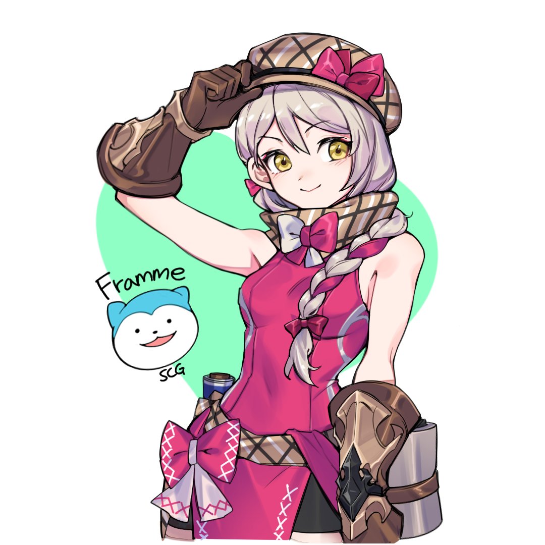 1girl bangs bare_shoulders bow braid breasts fire_emblem fire_emblem_engage framme_(fire_emblem) gloves grey_hair hat hat_bow long_hair looking_at_viewer pink_bow scarf silvercandy_gum simple_background single_braid sleeveless small_breasts smile solo sommie_(fire_emblem) yellow_eyes