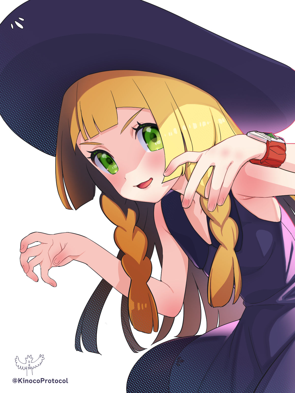 1girl alternate_color bangs blonde_hair blunt_bangs blush bracelet braid commentary_request dress eyelashes green_eyes hands_up hat highres jewelry kinocopro lillie_(pokemon) long_hair looking_at_viewer open_mouth pokemon pokemon_(game) pokemon_sm purple_dress purple_headwear simple_background smile solo sun_hat tongue twin_braids twitter_username watermark white_background z-ring