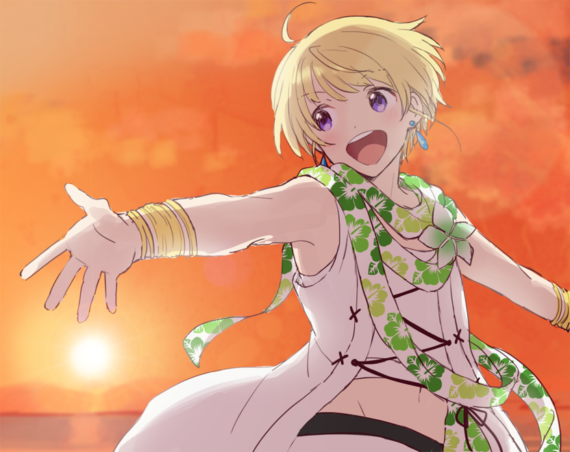 1boy blonde_hair earrings facing_viewer green_scarf harukawa_(aonori1022) idolmaster idolmaster_side-m jewelry looking_to_the_side male_focus multicolored_clothes multicolored_scarf open_mouth pierre_bichelberger scarf shirt short_hair sleeveless smile solo vest violet_eyes white_scarf white_shirt white_vest