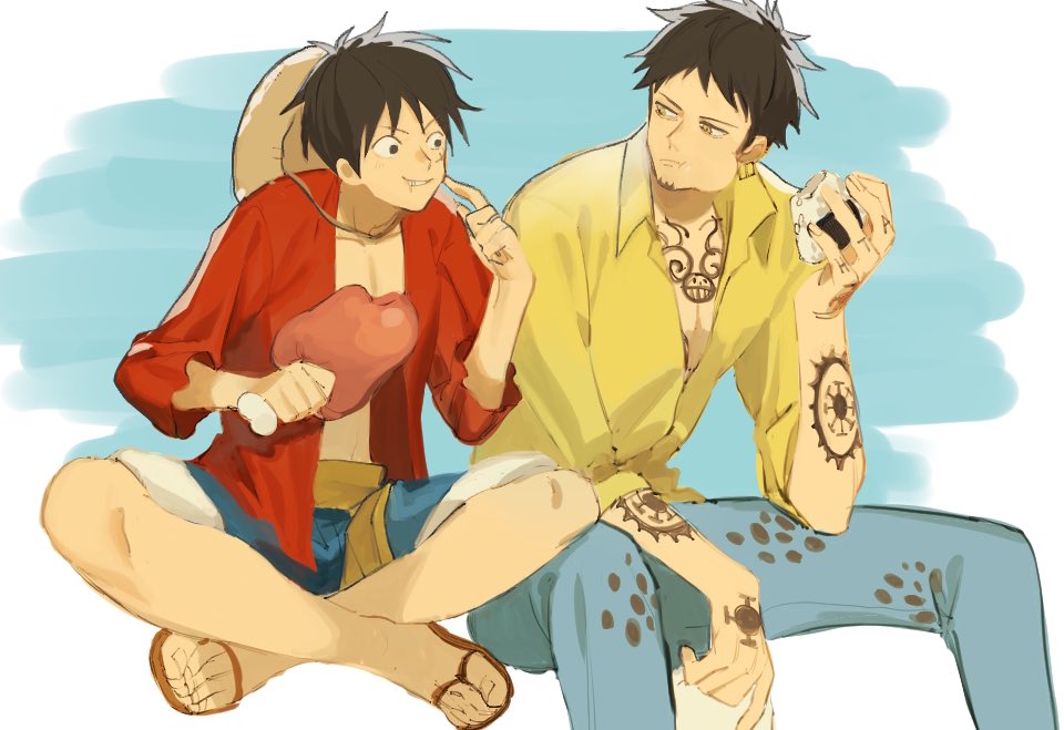 2boys :i :t arm_tattoo black_hair bone boned_meat brown_footwear chest_tattoo collared_shirt crossed_legs denim eating facial_hair food goatee grin hand_tattoo hat holding holding_bone holding_food jacket jeans looking_at_another male_focus meat messy_hair monkey_d._luffy multiple_boys one_piece onigiri open_clothes open_jacket pants pants_rolled_up red_jacket sandals sanpaku sash scar scar_on_face shirt short_hair sitting smile straw_hat tattoo toenails toes trafalgar_law uonomesabu upper_body white_background yellow_eyes yellow_sash yellow_shirt