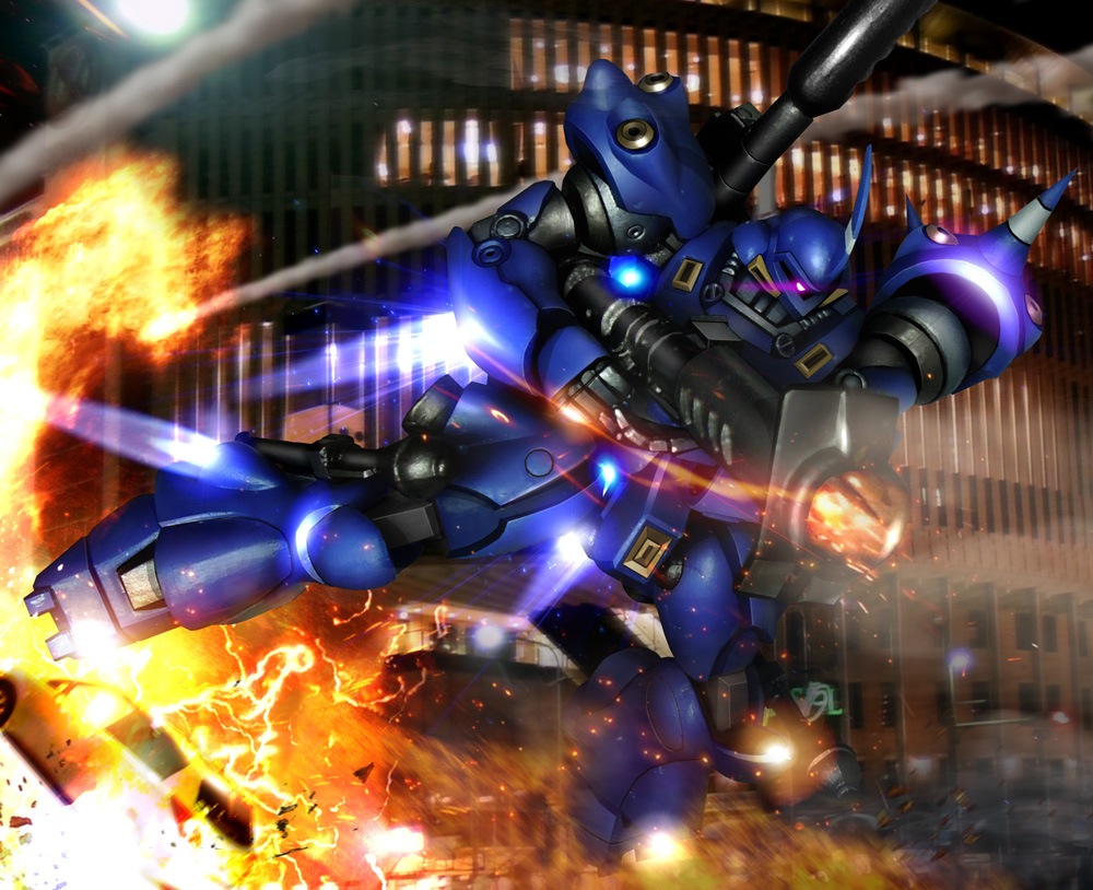 3d battle bazooka_(gundam) building cannon cityscape commentary_request explosion fire gundam gundam_0080 hiropon_(tasogare_no_puu) kampfer_(mobile_suit) lens_flare lights machinery mecha mobile_suit no_humans one-eyed photo_background realistic robot shoulder_spikes smoke spikes zeon