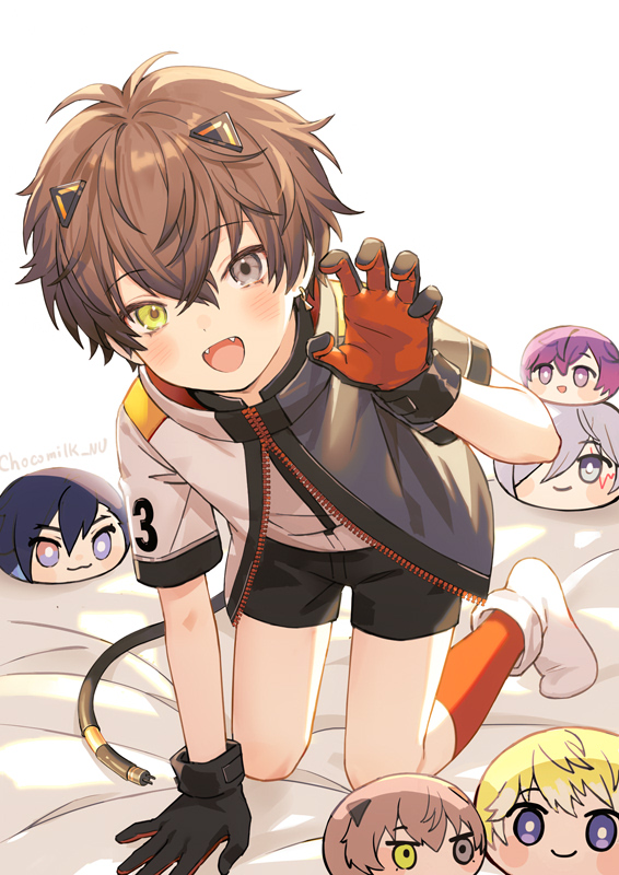 5boys alban_knox animal_ears black_gloves blush brown_eyes brown_hair cat_ears cat_tail chocomilk_nu claw_pose earrings fang fulgur_ovid gloves green_eyes heterochromia jewelry looking_at_viewer male_child male_focus multiple_boys nijisanji nijisanji_en noctyx objectification short_hair short_sleeves single_earring sonny_brisko tail uki_violeta virtual_youtuber yugo_asuma