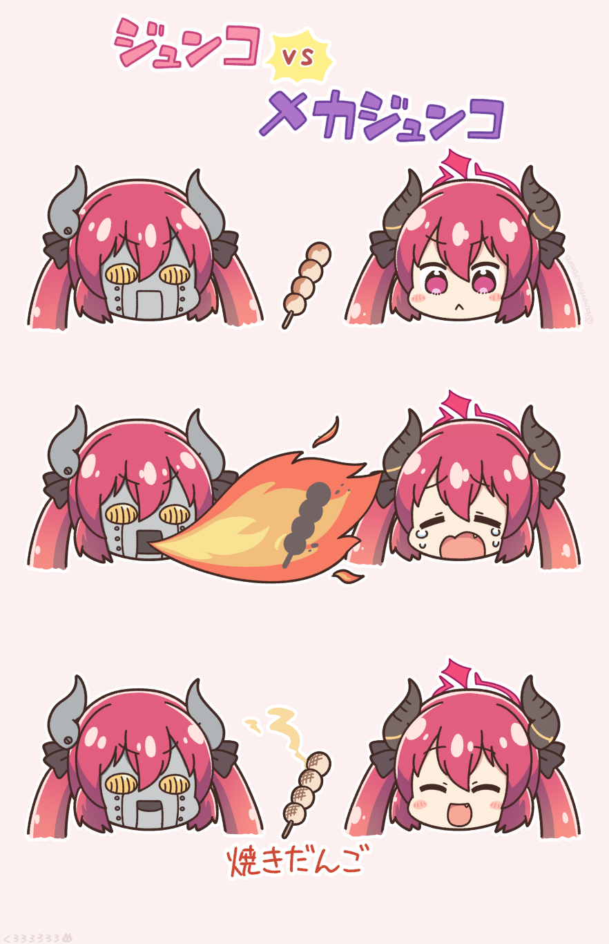 2girls :d ^_^ blue_archive blush_stickers breathing_fire brown_background closed_eyes closed_mouth commentary_request crying dango fire food halo highres horns junko_(blue_archive) kurororo_rororo multiple_girls purple_hair robot simple_background smile tears translation_request twintails violet_eyes wagashi