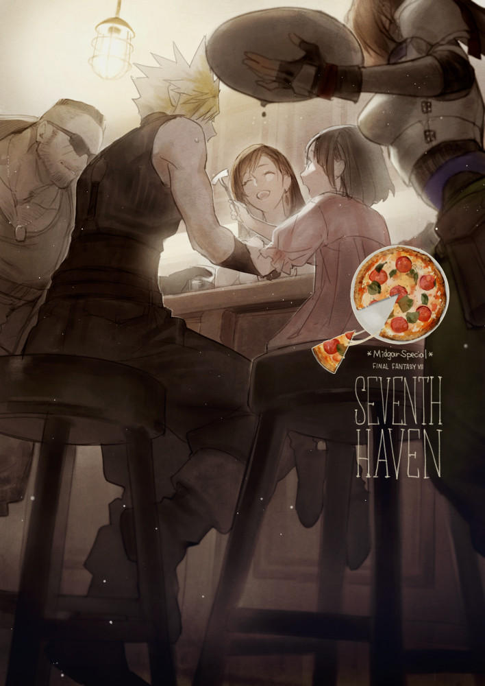 2boys 3girls armor bangs bar_(place) bar_stool barret_wallace black_hair blonde_hair breastplate brown_hair closed_eyes cloud_strife commentary_request counter cup dark-skinned_male dark_skin dog_tags dress earrings facial_hair feeding female_child final_fantasy final_fantasy_vii final_fantasy_vii_remake fingerless_gloves food gloves hanging_light holding holding_cup holding_plate indoors jessie_rasberry jewelry long_hair marlene_wallace multiple_boys multiple_girls open_mouth p-nekor pink_dress pizza pizza_slice plate puffy_short_sleeves puffy_sleeves scar scar_on_cheek scar_on_face short_hair short_sleeves shoulder_armor single_earring sitting smile spiky_hair stool sunglasses sweater swept_bangs tifa_lockhart turtleneck turtleneck_sweater