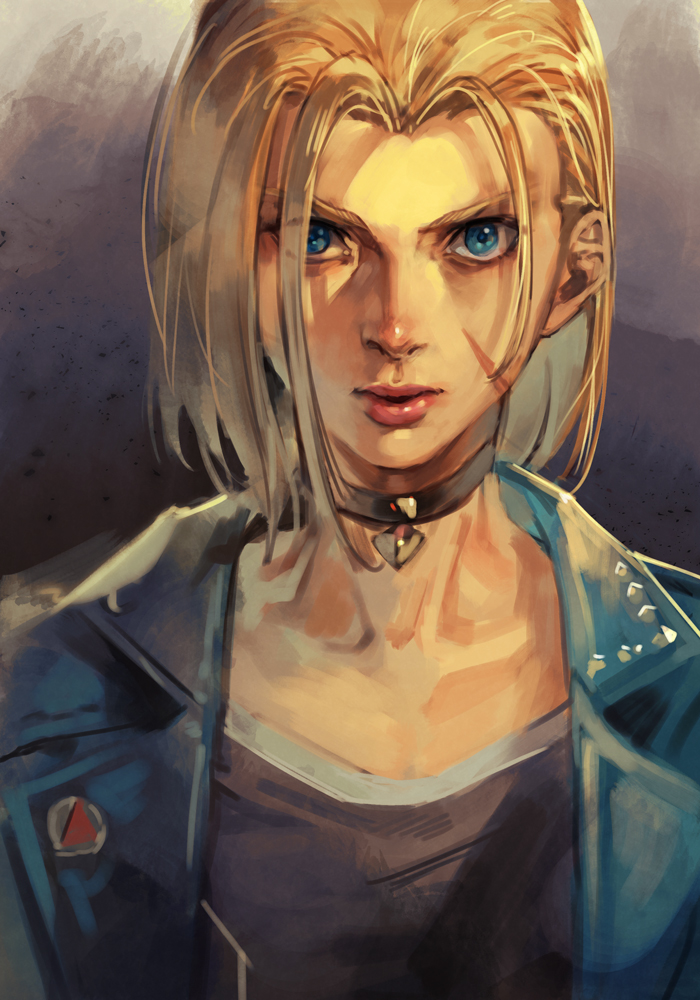 1girl blonde_hair blue_eyes blue_jacket cammy_white choker collarbone hankuri jacket lips looking_at_viewer scar scar_on_cheek scar_on_face short_hair simple_background solo street_fighter studded_jacket