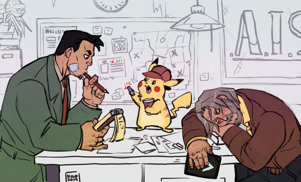 2019 2boys ace_attorney artist_name ash_g. bandage_on_face bandages beard black_hair black_pants blue_pants brown_headwear brown_jacket brown_shirt cabbie_hat coat commentary crossover cup desk detective detective_pikachu detective_pikachu_(character) detroit:_become_human dick_gumshoe english_commentary facial_hair green_coat grey_hair hank_anderson hat holding holding_cup holding_notepad holding_pencil holding_tablet_pc jacket laser_pointer male_focus multiple_boys necktie notepad on_table open_mouth pants pencil pikachu piranha_plant pokemon red_necktie resting shirt sitting sleeping_on_desk standing stubble super_mario_bros. table tablet_pc trait_connection yellow_fur yellow_shirt