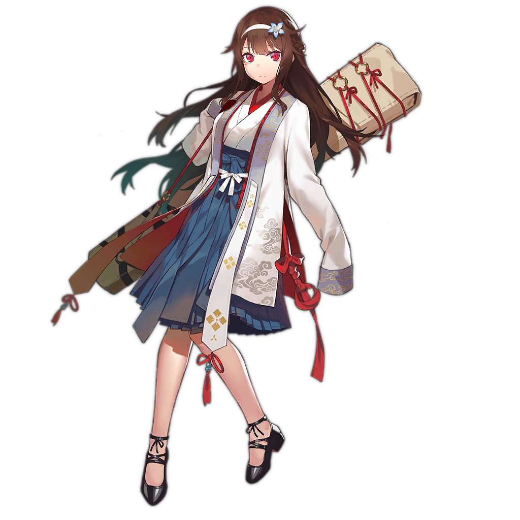 1girl bangs black_footwear blue_skirt blunt_bangs breasts brown_hair fangdan_runiu flower full_body girls_frontline hair_flower hair_ornament hairband instrument_case japanese_clothes js_9_(girls'_frontline) js_9_(tender_marigold)_(girls'_frontline) kimono large_breasts long_hair long_skirt looking_at_viewer mary_janes official_alternate_costume official_art red_eyes shoes skirt sleeves_past_wrists smile solo standing transparent_background white_kimono
