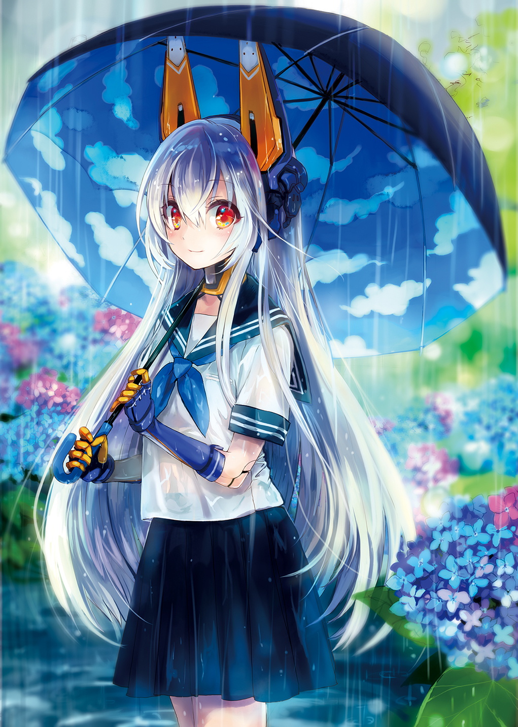 1girl blue_neckerchief blue_sailor_collar blue_umbrella character_request flower highres holding holding_umbrella hydrangea joints long_hair musou_yuchi neckerchief orange_eyes pleated_skirt rain robot_joints sailor_collar school_uniform serafuku short_sleeves skirt smile solo umbrella very_long_hair white_hair z/x