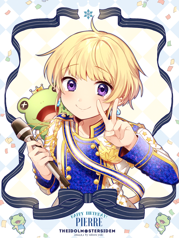 1boy bishounen blonde_hair blue_jacket character_name copyright_name earrings happy_birthday holding holding_microphone idol_clothes idolmaster idolmaster_side-m jacket jewelry kaerre long_sleeves looking_at_viewer male_focus microphone multicolored_clothes multicolored_jacket pierre_bichelberger sakura_yuki_(clochette) short_hair smile solo stuffed_animal stuffed_frog stuffed_toy v violet_eyes white_background white_jacket