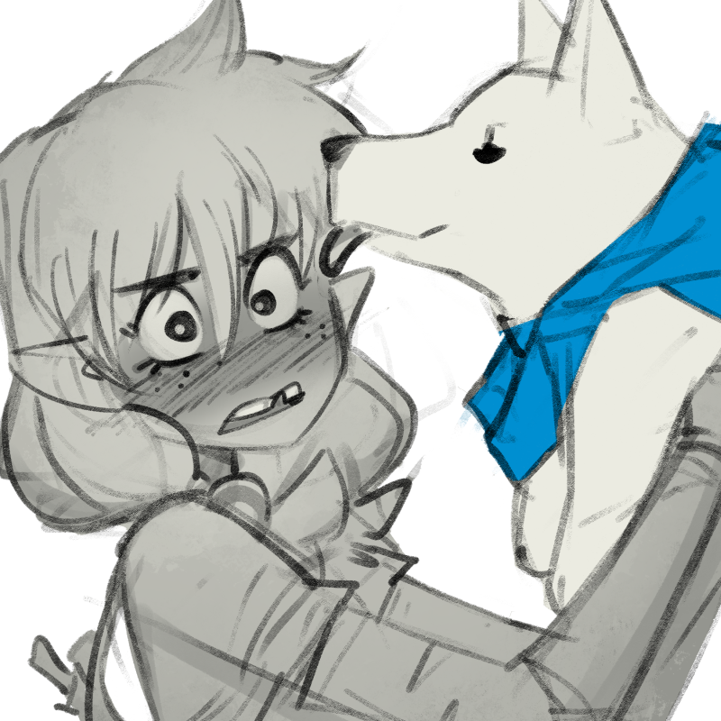 1girl blue_cape blush cape commentary crooked_teeth dog english_commentary freckles licking licking_another's_face limited_palette original pointy_ears psuede simple_background sketch white_background