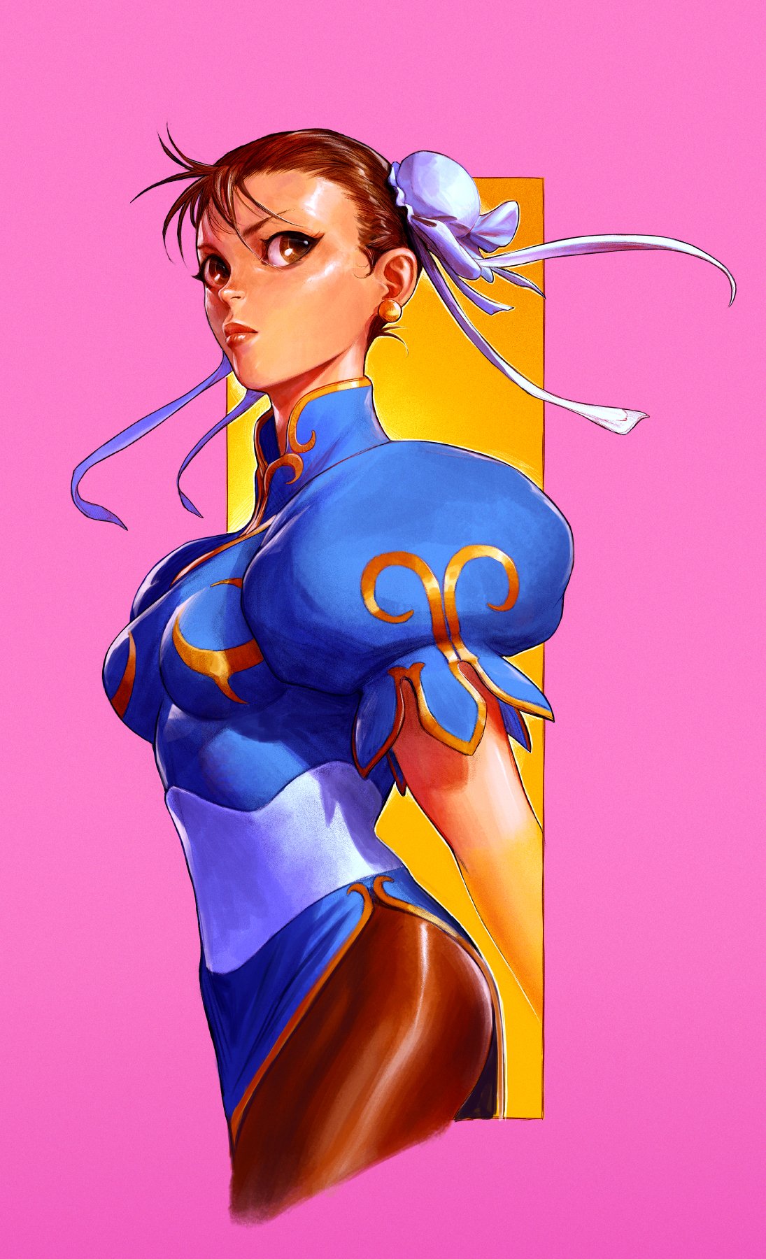 1990s_(style) 1girl blue_dress border breasts brown_eyes brown_hair brown_pantyhose bun_cover china_dress chinese_clothes chun-li colored_pencil_(medium) commentary cropped_legs dave_rapoza double_bun dress earrings english_commentary faux_traditional_media hair_bun highres jewelry lips orange_background pantyhose pelvic_curtain pink_border puffy_short_sleeves puffy_sleeves retro_artstyle sash short_hair short_sleeves small_breasts solo street_fighter street_fighter_ii_(series) traditional_media