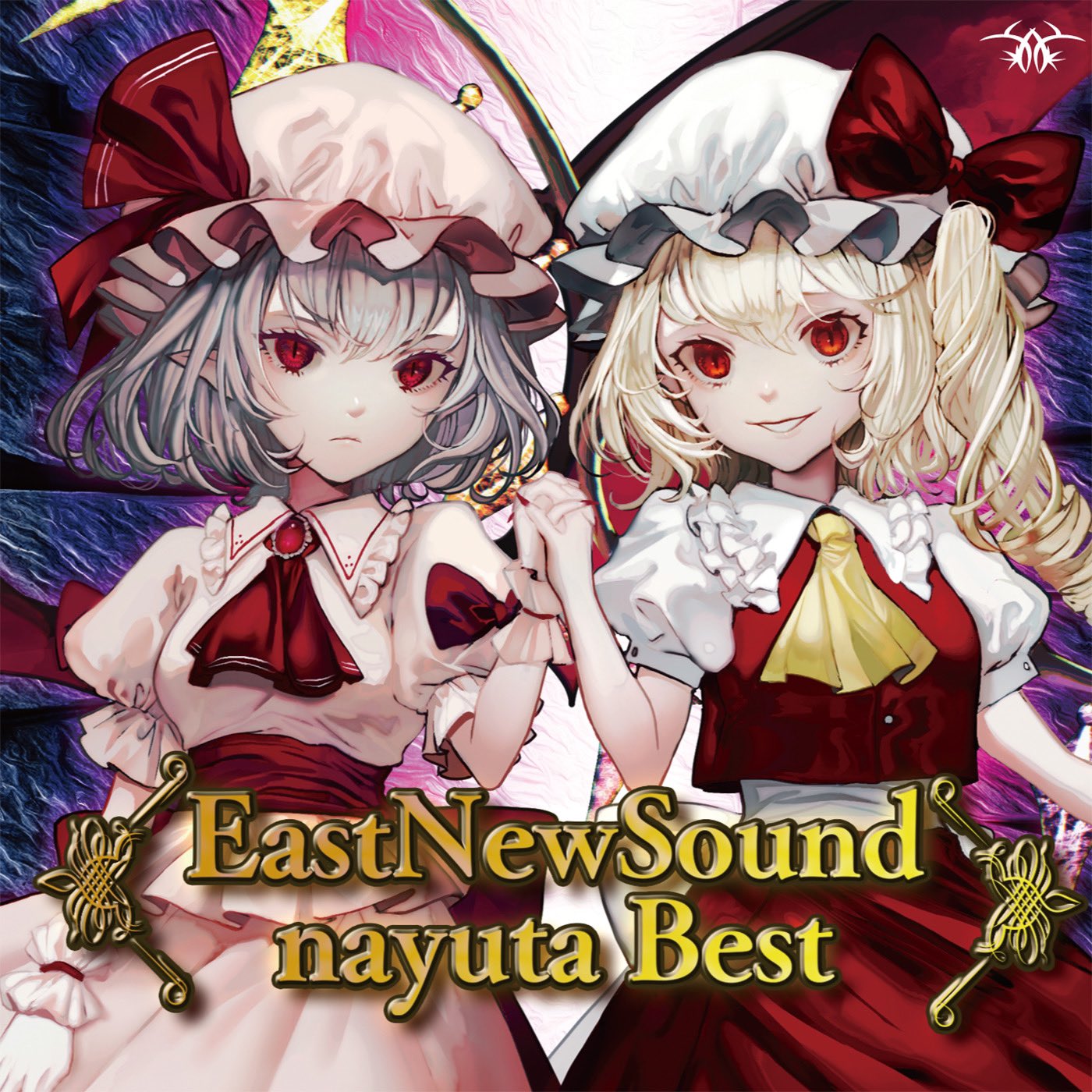 2girls album_cover ascot blonde_hair blue_hair bow brooch circle_name closed_mouth collared_shirt commentary_request cover flandre_scarlet frilled_shirt_collar frills frown gem hair_between_eyes hand_up hat hat_bow hat_ribbon highres holding_hands jewelry long_hair looking_at_viewer medium_hair mob_cap mochacot multiple_girls one_side_up parted_lips pink_headwear pink_shirt pink_skirt pointy_ears puffy_short_sleeves puffy_sleeves red_ascot red_bow red_eyes red_gemstone red_ribbon red_shirt red_skirt remilia_scarlet ribbon second-party_source shirt short_sleeves siblings sisters skirt slit_pupils smile touhou white_headwear wrist_cuffs yellow_ascot