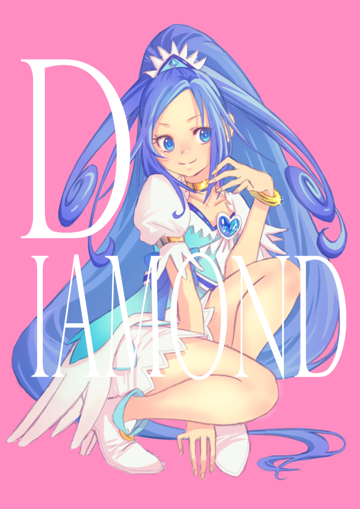 1girl ankle_boots blue_dress blue_eyes blue_hair blue_headwear boots bracelet character_name closed_mouth commentary cure_diamond dokidoki!_precure dress foreground_text frilled_sleeves frills full_body heart hishikawa_rikka jewelry jj_(ssspulse) long_hair looking_at_viewer magical_girl neck_ring pink_background ponytail precure puffy_short_sleeves puffy_sleeves short_dress short_sleeves smile solo squatting tiara two_side_up very_long_hair white_footwear