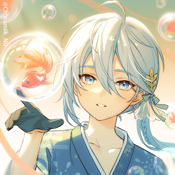 1boy aged_down black_gloves blue_eyes blue_hair blue_kimono braid bubble_blowing chocomilk_nu earrings edmond_(nu_carnival) fish gloves goldfish japanese_clothes jewelry kimono light_blue_hair long_hair long_sleeves looking_at_viewer male_child male_focus nu_carnival official_alternate_costume print_kimono side_ponytail single_earring