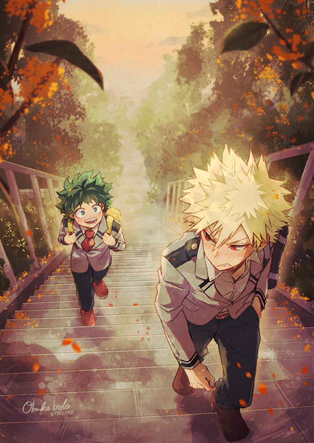 2boys :d atmospheric_perspective backpack bag bakugou_katsuki bangs belt_buckle black_pants blazer blonde_hair blurry blurry_foreground blush boku_no_hero_academia bright_pupils buckle circle_name collared_shirt commentary_request cross-laced_footwear dated_commentary dot_nose double_horizontal_stripe dress_shirt embarrassed falling_petals film_grain foliage freckles from_above green_eyes green_hair grimace hair_between_eyes hand_in_pocket hands_up happy highres holding_strap jacket long_sleeves looking_at_another looking_back looking_up male_focus midoriya_izuku multiple_boys necktie on_stairs open_collar open_mouth orange_sky outdoors pants partial_commentary petals railing red_eyes red_footwear red_necktie school_uniform shirt shoes short_hair shoulder_bag sky smile sneakers spiky_hair stairs tannoci tree twitter_username u.a._school_uniform vanishing_point walking white_pupils white_shirt wing_collar yellow_bag