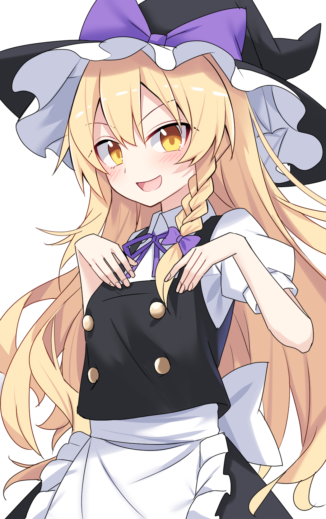 1girl apron black_headwear black_skirt black_vest blonde_hair blush bow braid collared_shirt commentary e.o. fingernails hair_bow hat hat_bow highres kirisame_marisa long_hair looking_at_viewer open_mouth puffy_short_sleeves puffy_sleeves purple_bow shirt short_sleeves simple_background single_braid skirt smile solo touhou upper_body vest waist_apron white_apron white_background white_shirt witch_hat yellow_eyes