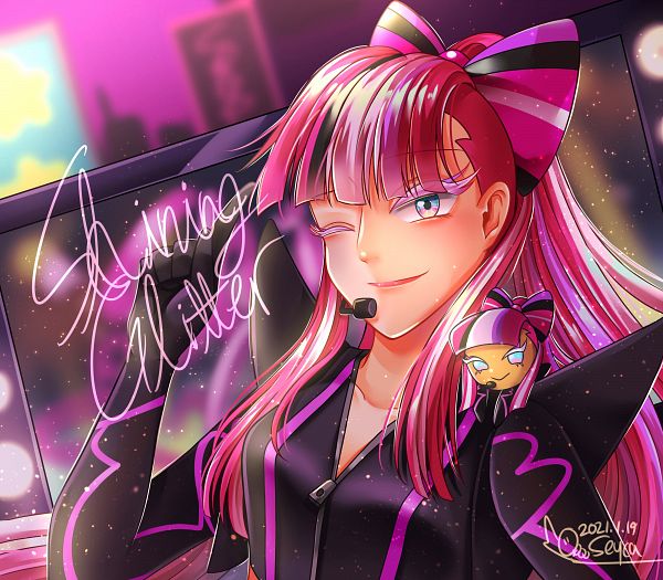 1girl ;d artist_request belt black_hair blue_background blue_eyes bow bow-shaped_hair character_name cookie_run cowboy_shot crop_top dual_persona glint gloves grin hair_bow humanization long_hair long_sleeves looking_at_viewer multicolored_hair non-web_source one_eye_closed pink_hair shining_glitter_cookie smile solo sparkle sparkle_background third-party_source two-tone_hair very_long_hair zipper