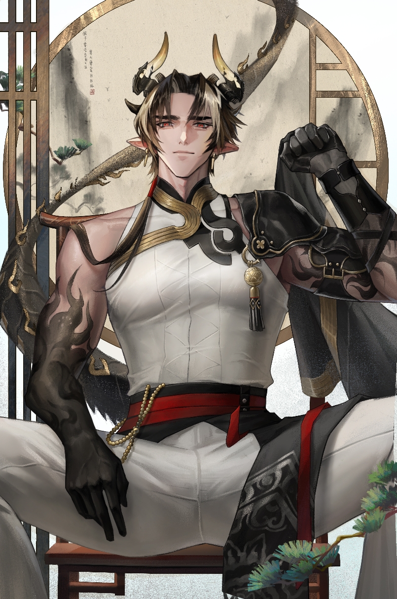 1boy arknights bangs black_hair chong_yue_(arknights) dragon_boy dragon_horns dragon_tail earrings feet_out_of_frame highres horns jewelry long_hair long_sleeves looking_at_viewer male_focus multicolored_hair muscular muscular_male pants pectorals pointy_ears ponytail red_eyes shirt sitting solo spread_legs streaked_hair tail thick_eyebrows white_shirt yuyuyu11