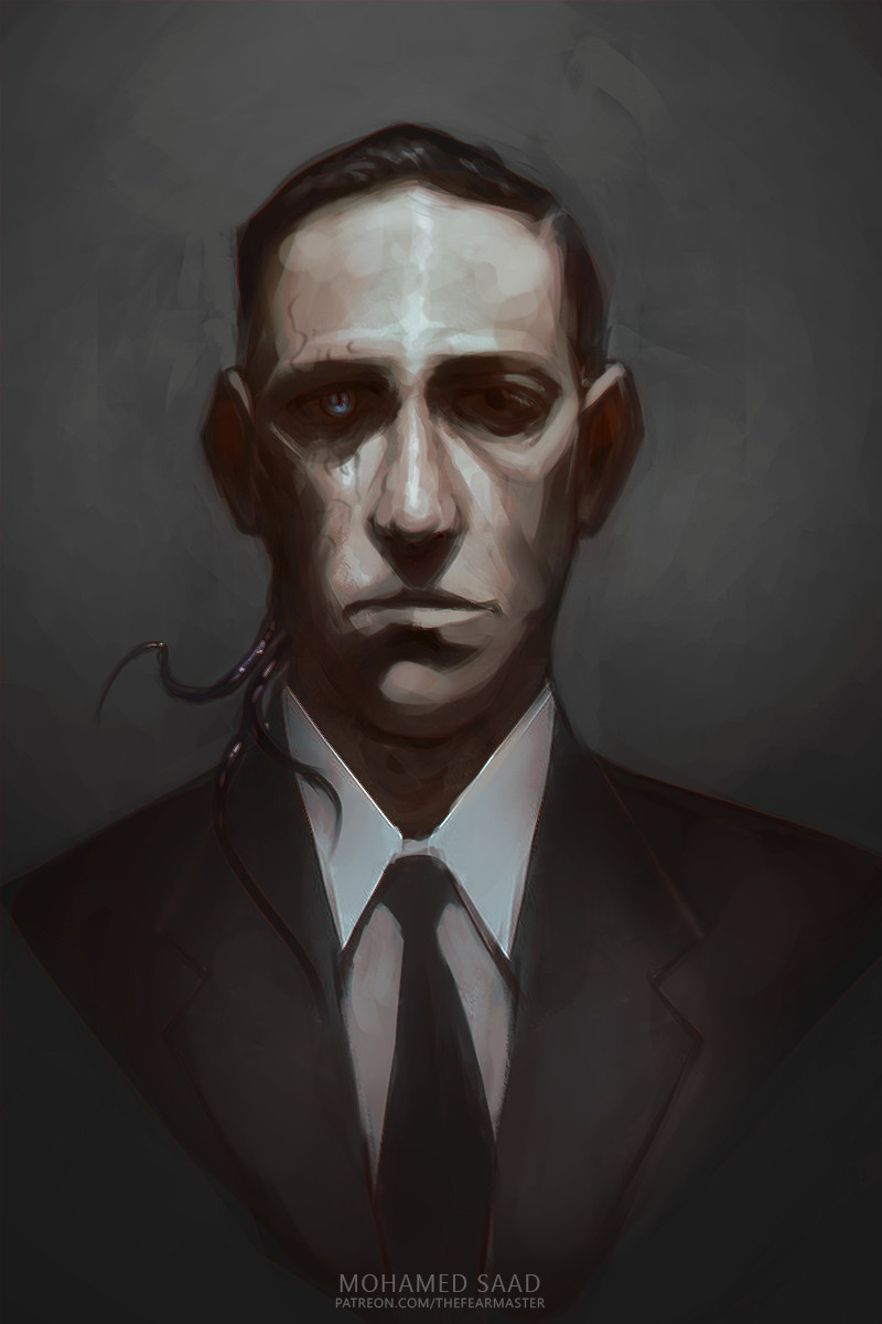 1boy artist_name black_suit black_tie closed_mouth commentary cthulhu_mythos english_commentary fantasy formal h_p_lovecraft highres looking_at_viewer mismatched_pupils necktie patreon_username portrait solo suit tentacles thefearmaster