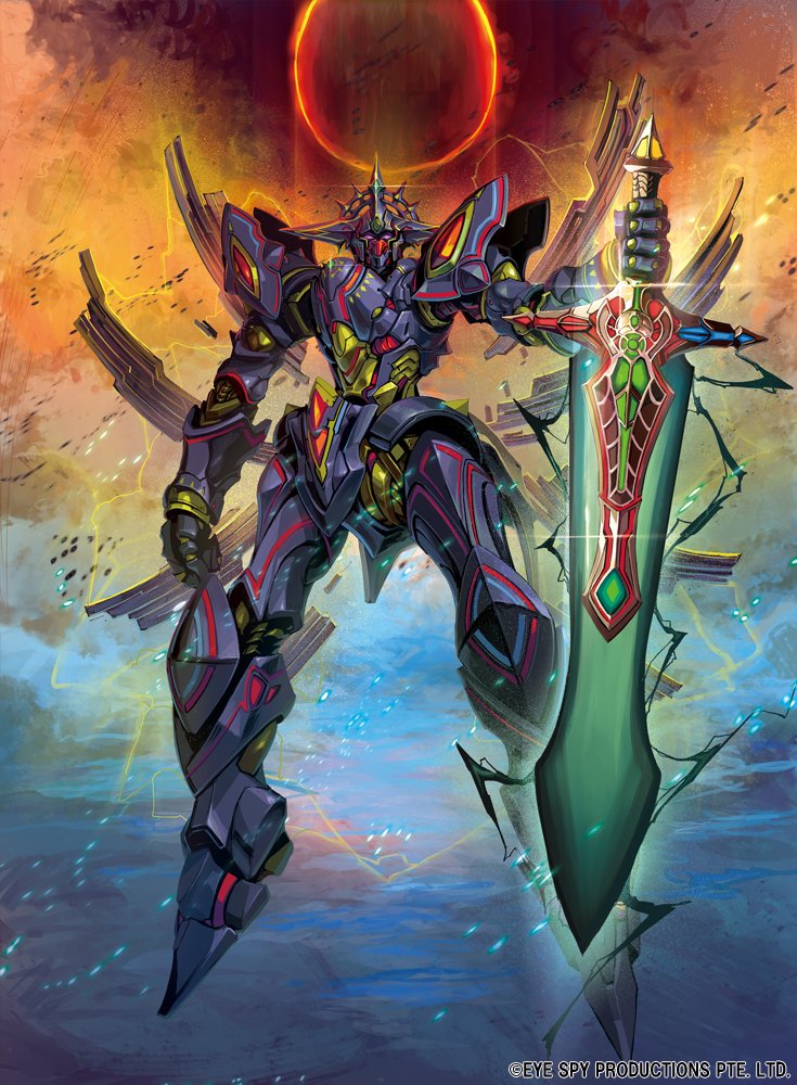 clenched_hand english_commentary force_of_will full_body genesis_chronogear halo holding holding_sword holding_weapon ishida_baru looking_at_viewer mecha no_humans robot science_fiction solo sword violet_eyes weapon