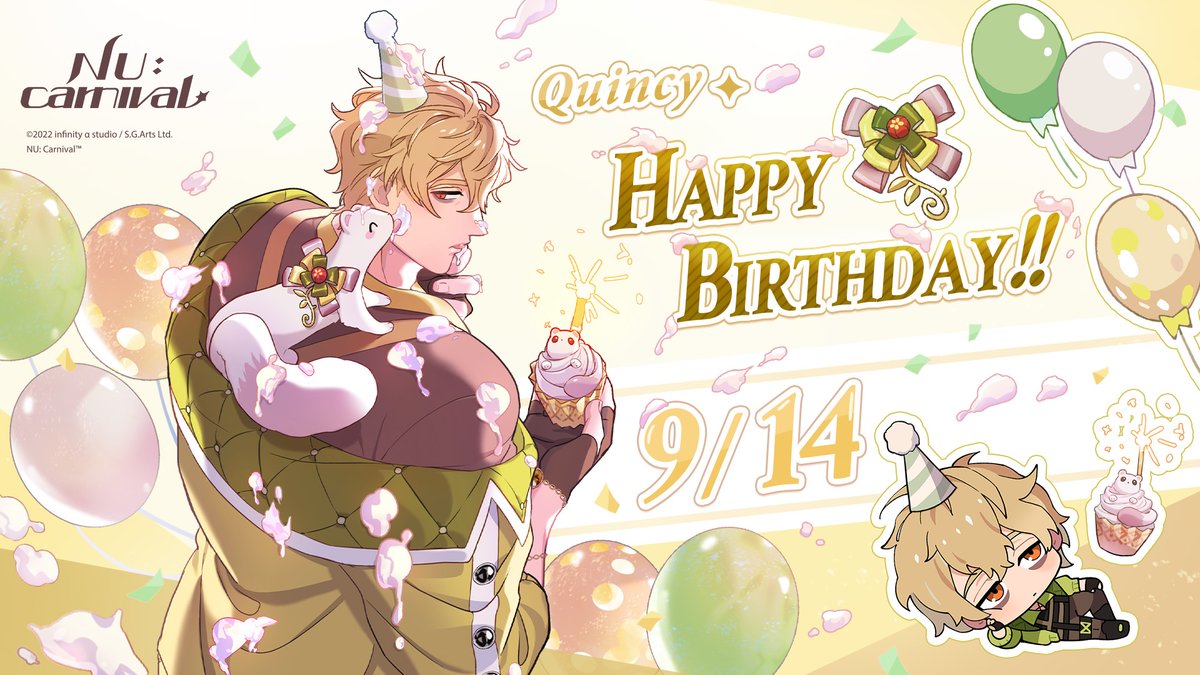 1boy bags_under_eyes birthday birthday_cake blonde_hair blush cake candle confetti cream cream_on_body cream_on_face ermine food food_on_face gem happy_birthday hat long_sleeves looking_at_viewer male_focus nu_carnival off_shoulder official_art orange_eyes party_hat quincy_(nu_carnival) short_hair smile topper_(nu_carnival) weasel whipped_cream
