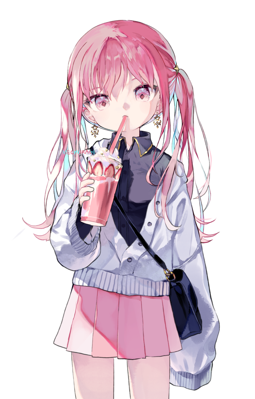 1girl bag black_shirt blue_hair closed_mouth collared_shirt cup dress_shirt drinking_straw earrings food fruit grey_jacket hair_between_eyes highres holding holding_cup jacket jewelry long_hair long_sleeves looking_at_viewer mechuragi multicolored_hair off_shoulder open_clothes open_jacket original pink_eyes pink_hair pink_skirt pleated_skirt shirt shoulder_bag signature simple_background skirt sleeves_past_fingers sleeves_past_wrists solo standing strawberry twintails two-tone_hair very_long_hair watermark whipped_cream white_background
