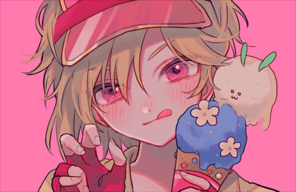 1boy 382 blonde_hair ensemble_stars! fingerless_gloves gloves head_tilt holding_ice_cream hsora ice_cream_cone looking_at_viewer male_focus nito_nazuna pink_background pink_gloves red_eyes short_hair smile solo tongue tongue_out visor_cap